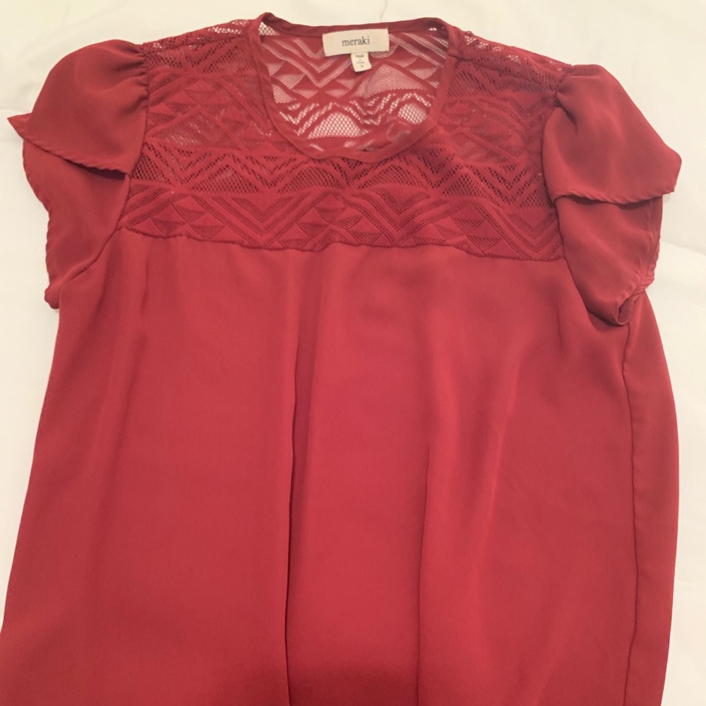 Burgundy shirt, lacey shoulders, full shirt